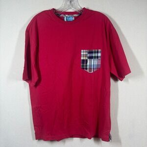 NOS Castaway Nantucket Island Cliffside‎ Tee Crimson Red Madras Pocket Mens M